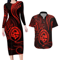 Polynesian Guam Coat of Arms Couples Matching Long Sleeve Bodycon Dress and Hawaiian Shirt Polynesian Tribal Tattoo Red Version LT9 Red - Polynesian Pride
