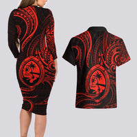 Polynesian Guam Coat of Arms Couples Matching Long Sleeve Bodycon Dress and Hawaiian Shirt Polynesian Tribal Tattoo Red Version LT9 - Polynesian Pride