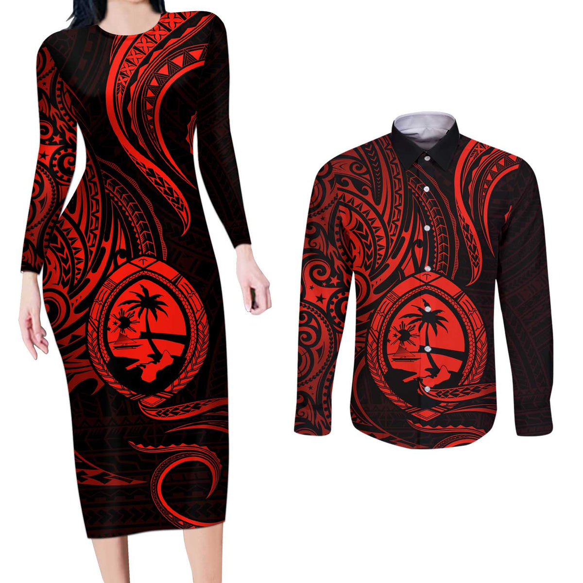 Polynesian Guam Coat of Arms Couples Matching Long Sleeve Bodycon Dress and Long Sleeve Button Shirt Polynesian Tribal Tattoo Red Version LT9 Red - Polynesian Pride
