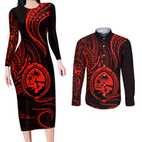 Polynesian Guam Coat of Arms Couples Matching Long Sleeve Bodycon Dress and Long Sleeve Button Shirt Polynesian Tribal Tattoo Red Version LT9 Red - Polynesian Pride