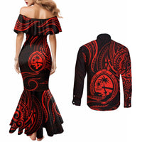 Polynesian Guam Coat of Arms Couples Matching Mermaid Dress and Long Sleeve Button Shirt Polynesian Tribal Tattoo Red Version LT9 - Polynesian Pride