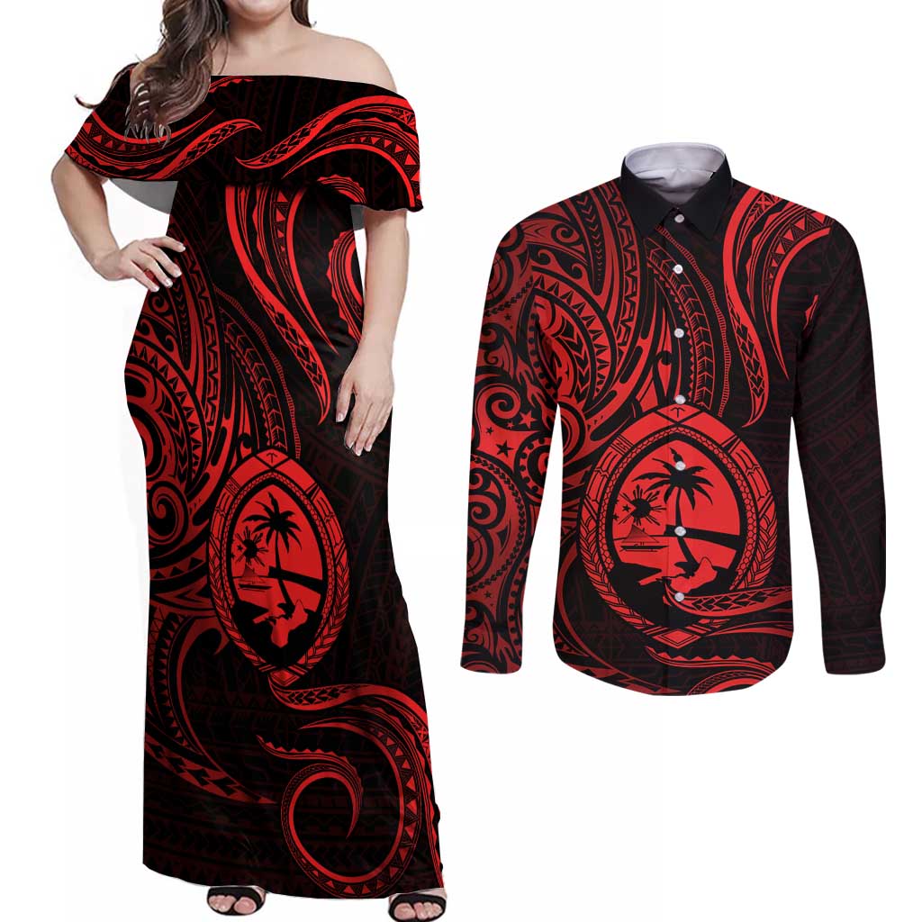 Polynesian Guam Coat of Arms Couples Matching Off Shoulder Maxi Dress and Long Sleeve Button Shirt Polynesian Tribal Tattoo Red Version LT9 Red - Polynesian Pride