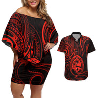 Polynesian Guam Coat of Arms Couples Matching Off Shoulder Short Dress and Hawaiian Shirt Polynesian Tribal Tattoo Red Version LT9 Red - Polynesian Pride