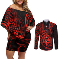 Polynesian Guam Coat of Arms Couples Matching Off Shoulder Short Dress and Long Sleeve Button Shirt Polynesian Tribal Tattoo Red Version LT9 Red - Polynesian Pride