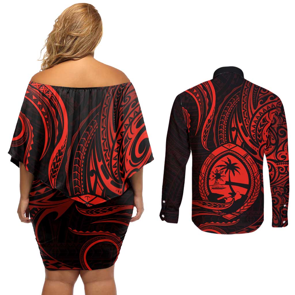 Polynesian Guam Coat of Arms Couples Matching Off Shoulder Short Dress and Long Sleeve Button Shirt Polynesian Tribal Tattoo Red Version LT9 - Polynesian Pride