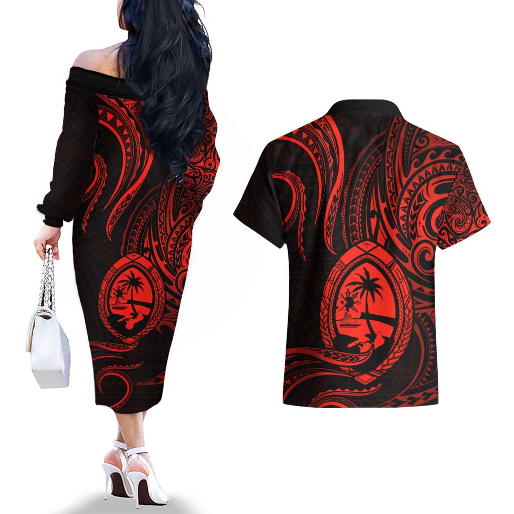 Polynesian Guam Coat of Arms Couples Matching Off The Shoulder Long Sleeve Dress and Hawaiian Shirt Polynesian Tribal Tattoo Red Version LT9 - Polynesian Pride
