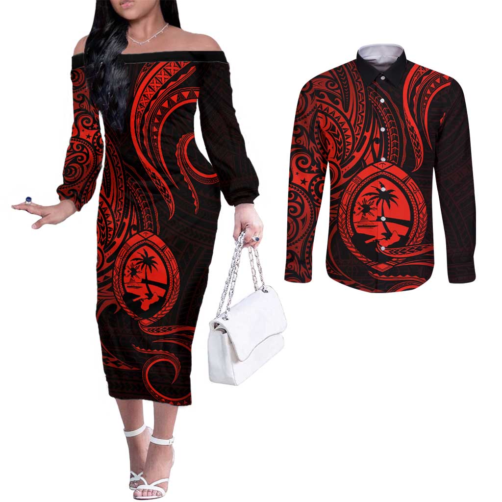 Polynesian Guam Coat of Arms Couples Matching Off The Shoulder Long Sleeve Dress and Long Sleeve Button Shirt Polynesian Tribal Tattoo Red Version LT9 Red - Polynesian Pride