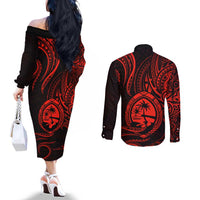 Polynesian Guam Coat of Arms Couples Matching Off The Shoulder Long Sleeve Dress and Long Sleeve Button Shirt Polynesian Tribal Tattoo Red Version LT9 - Polynesian Pride