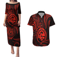 Polynesian Guam Coat of Arms Couples Matching Puletasi and Hawaiian Shirt Polynesian Tribal Tattoo Red Version LT9 Red - Polynesian Pride
