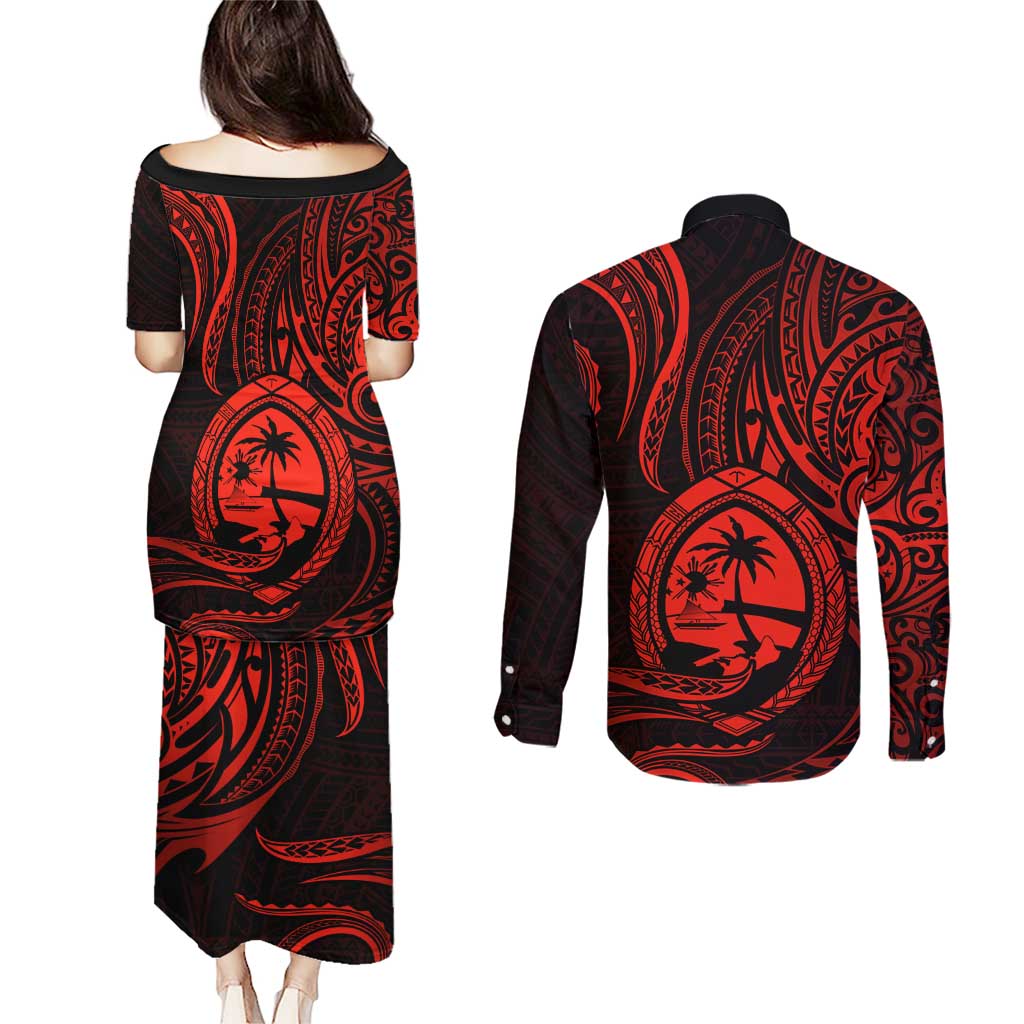 Polynesian Guam Coat of Arms Couples Matching Puletasi and Long Sleeve Button Shirt Polynesian Tribal Tattoo Red Version LT9 - Polynesian Pride