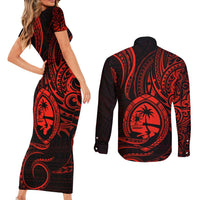 Polynesian Guam Coat of Arms Couples Matching Short Sleeve Bodycon Dress and Long Sleeve Button Shirt Polynesian Tribal Tattoo Red Version LT9 - Polynesian Pride