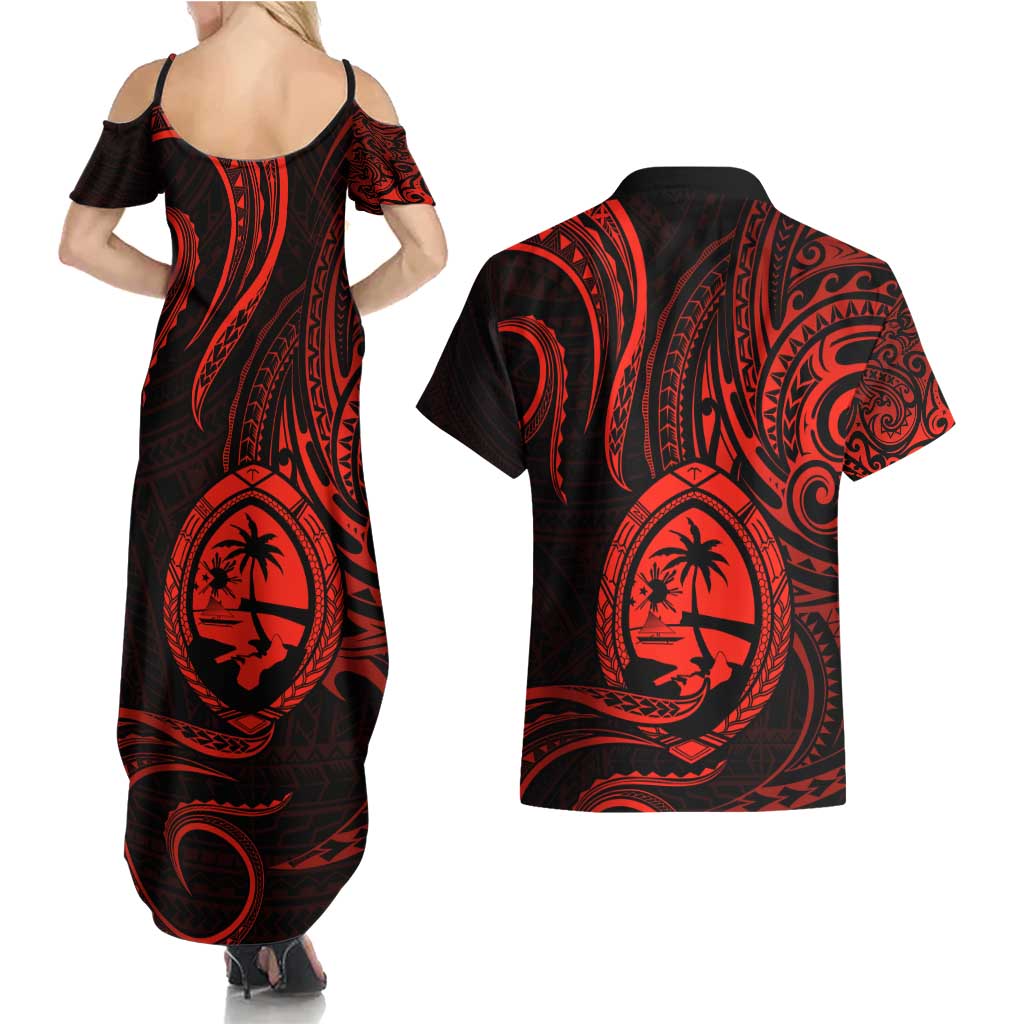 Polynesian Guam Coat of Arms Couples Matching Summer Maxi Dress and Hawaiian Shirt Polynesian Tribal Tattoo Red Version LT9 - Polynesian Pride