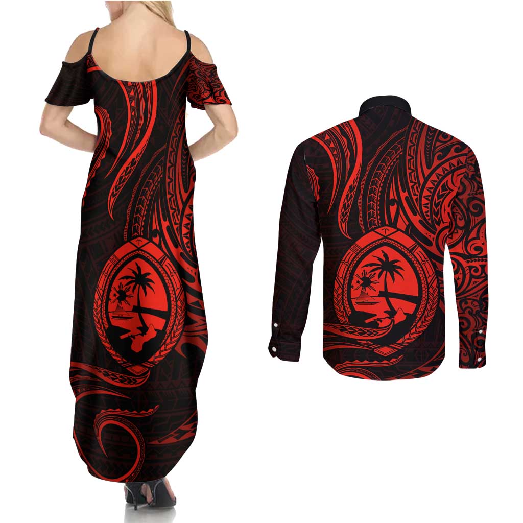 Polynesian Guam Coat of Arms Couples Matching Summer Maxi Dress and Long Sleeve Button Shirt Polynesian Tribal Tattoo Red Version LT9 - Polynesian Pride