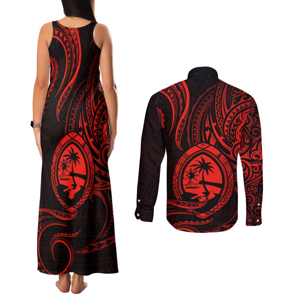 Polynesian Guam Coat of Arms Couples Matching Tank Maxi Dress and Long Sleeve Button Shirt Polynesian Tribal Tattoo Red Version LT9 - Polynesian Pride