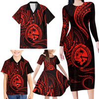 Polynesian Guam Coat of Arms Family Matching Long Sleeve Bodycon Dress and Hawaiian Shirt Polynesian Tribal Tattoo Red Version LT9 - Polynesian Pride