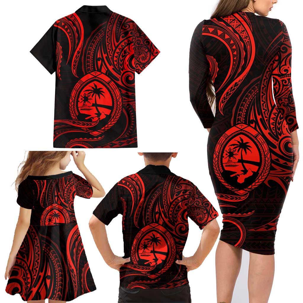 Polynesian Guam Coat of Arms Family Matching Long Sleeve Bodycon Dress and Hawaiian Shirt Polynesian Tribal Tattoo Red Version LT9 - Polynesian Pride