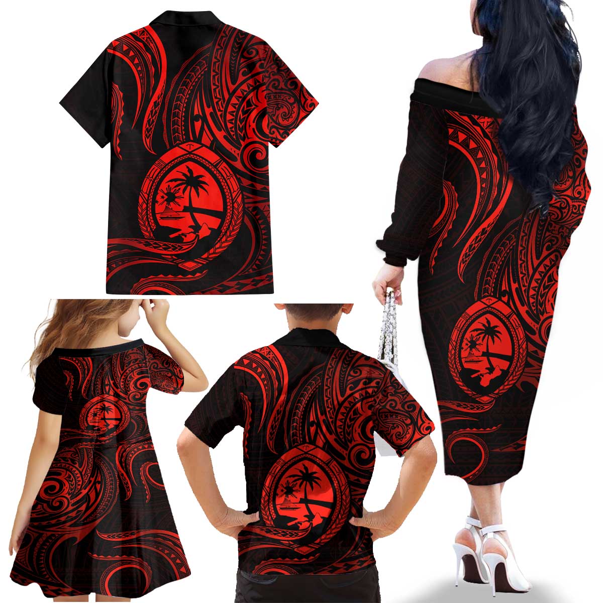 Polynesian Guam Coat of Arms Family Matching Off The Shoulder Long Sleeve Dress and Hawaiian Shirt Polynesian Tribal Tattoo Red Version LT9 - Polynesian Pride