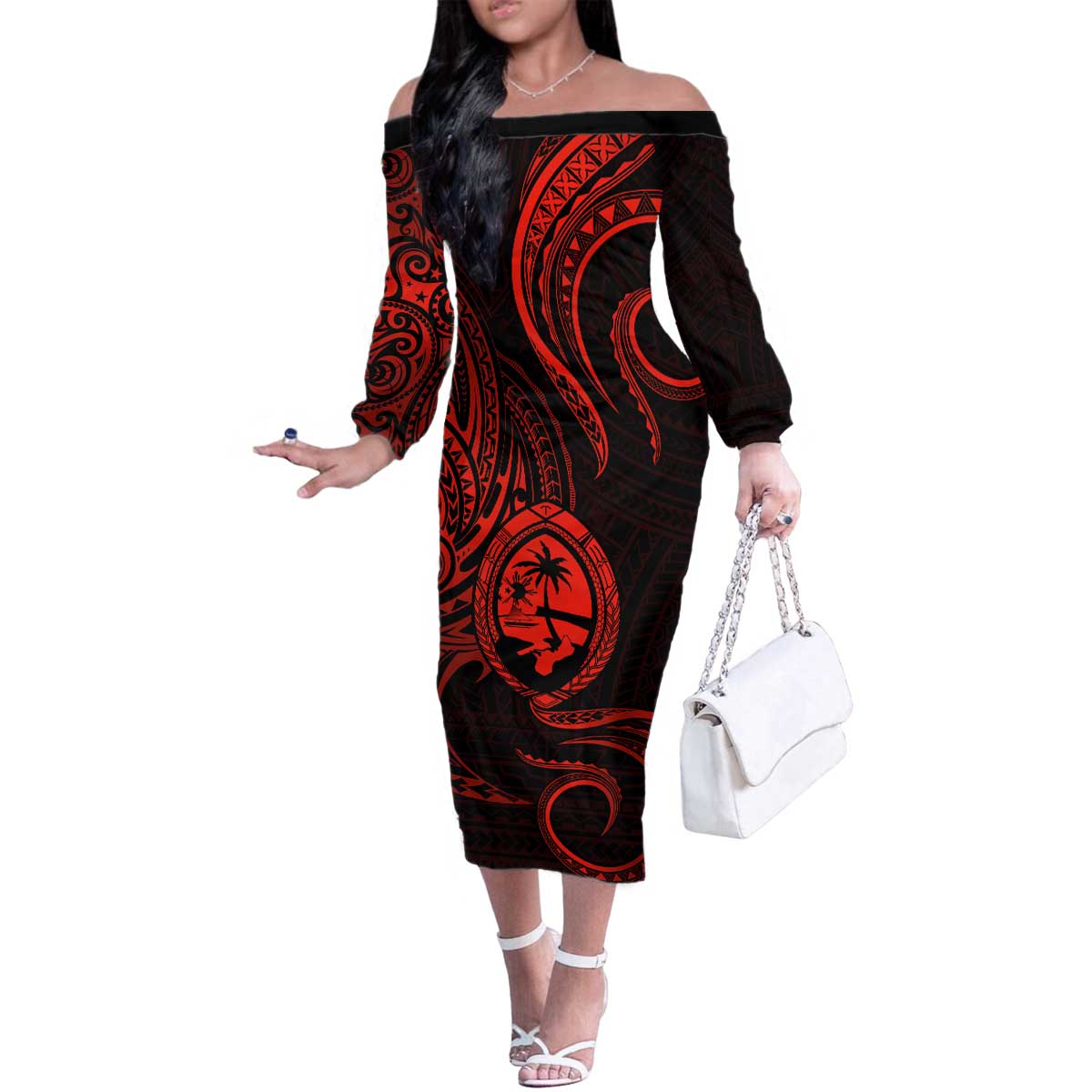 Polynesian Guam Coat of Arms Family Matching Off The Shoulder Long Sleeve Dress and Hawaiian Shirt Polynesian Tribal Tattoo Red Version LT9 Mom's Dress Red - Polynesian Pride