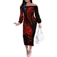 Polynesian Guam Coat of Arms Family Matching Off The Shoulder Long Sleeve Dress and Hawaiian Shirt Polynesian Tribal Tattoo Red Version LT9 Mom's Dress Red - Polynesian Pride