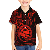 Polynesian Guam Coat of Arms Family Matching Off The Shoulder Long Sleeve Dress and Hawaiian Shirt Polynesian Tribal Tattoo Red Version LT9 Son's Shirt Red - Polynesian Pride