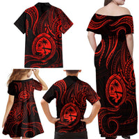 Polynesian Guam Coat of Arms Family Matching Off Shoulder Maxi Dress and Hawaiian Shirt Polynesian Tribal Tattoo Red Version LT9 - Polynesian Pride