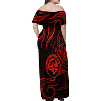 Polynesian Guam Coat of Arms Family Matching Off Shoulder Maxi Dress and Hawaiian Shirt Polynesian Tribal Tattoo Red Version LT9 - Polynesian Pride