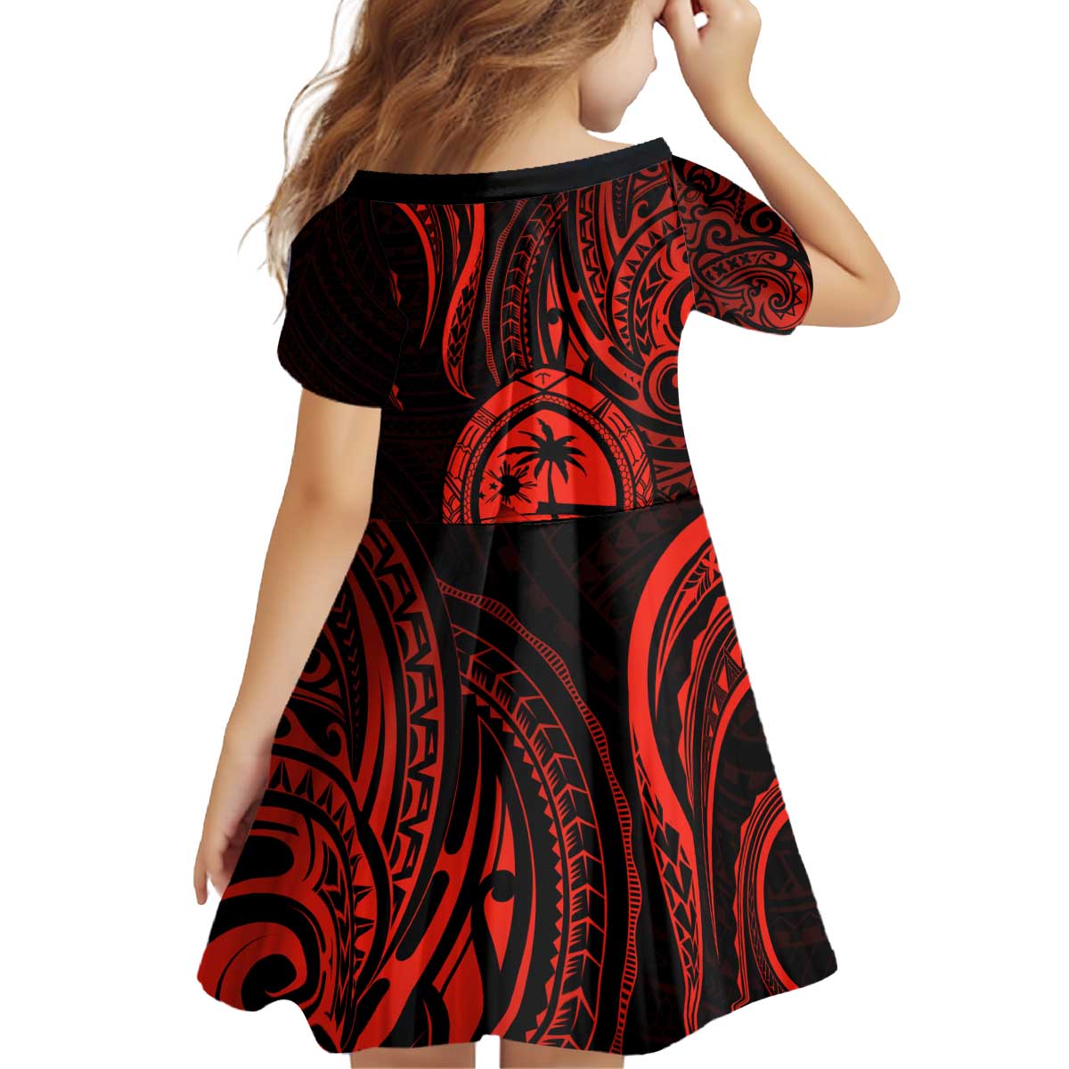 Polynesian Guam Coat of Arms Family Matching Off Shoulder Short Dress and Hawaiian Shirt Polynesian Tribal Tattoo Red Version LT9 - Polynesian Pride