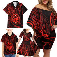 Polynesian Guam Coat of Arms Family Matching Off Shoulder Short Dress and Hawaiian Shirt Polynesian Tribal Tattoo Red Version LT9 - Polynesian Pride
