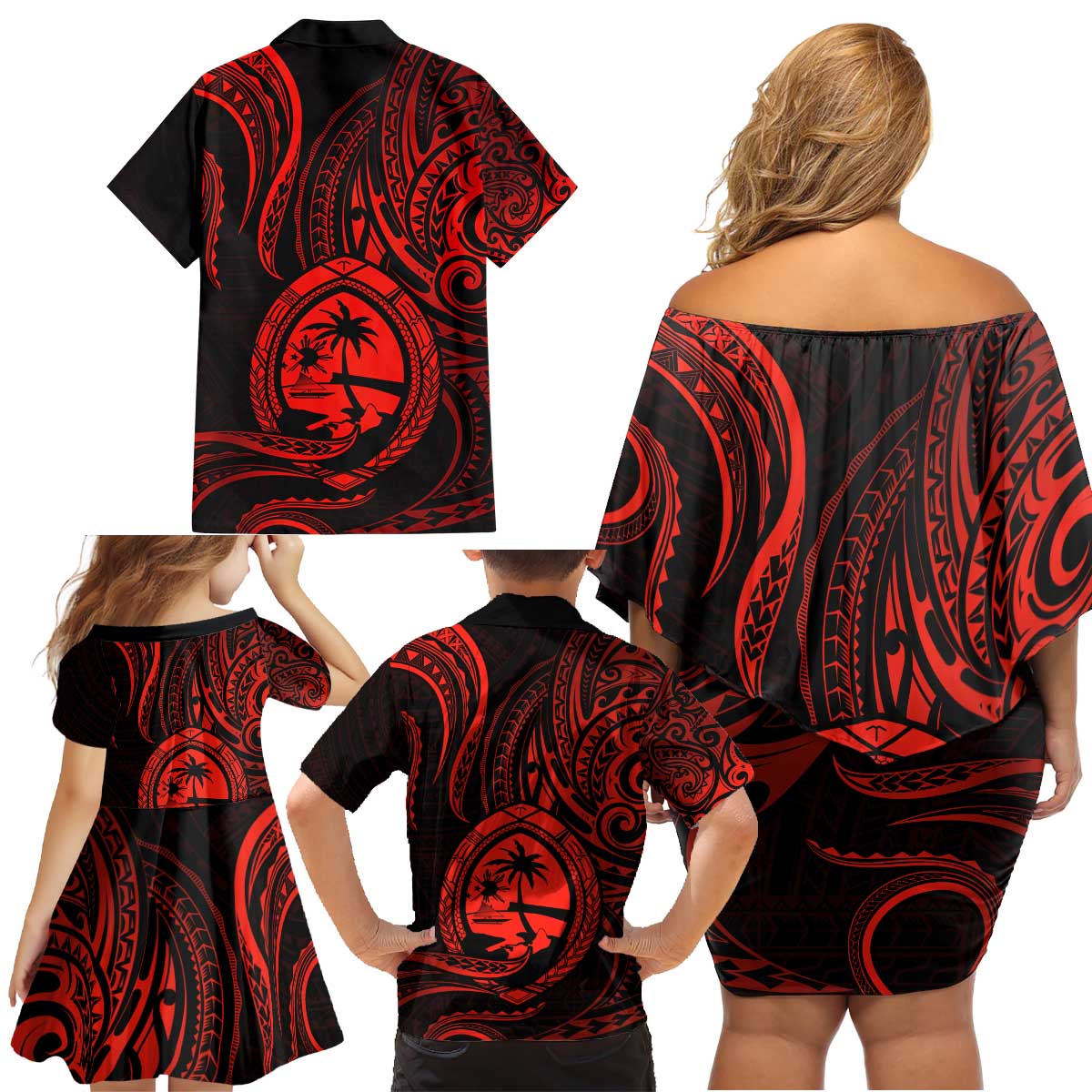 Polynesian Guam Coat of Arms Family Matching Off Shoulder Short Dress and Hawaiian Shirt Polynesian Tribal Tattoo Red Version LT9 - Polynesian Pride