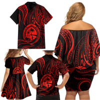 Polynesian Guam Coat of Arms Family Matching Off Shoulder Short Dress and Hawaiian Shirt Polynesian Tribal Tattoo Red Version LT9 - Polynesian Pride
