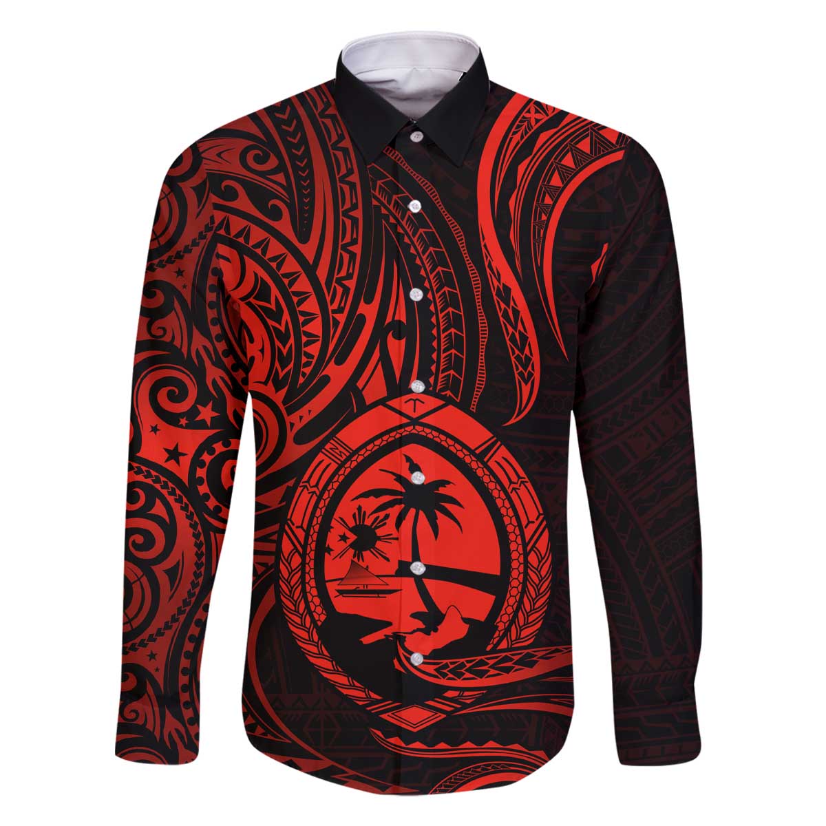 Polynesian Guam Coat of Arms Family Matching Off Shoulder Short Dress and Hawaiian Shirt Polynesian Tribal Tattoo Red Version LT9 Dad's Shirt - Long Sleeve Red - Polynesian Pride