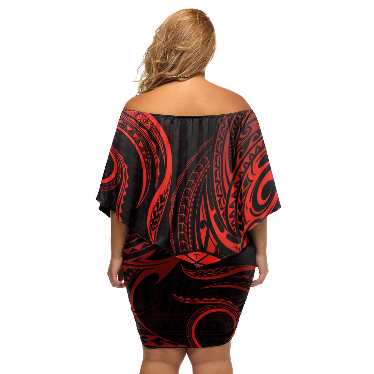 Polynesian Guam Coat of Arms Family Matching Off Shoulder Short Dress and Hawaiian Shirt Polynesian Tribal Tattoo Red Version LT9 - Polynesian Pride