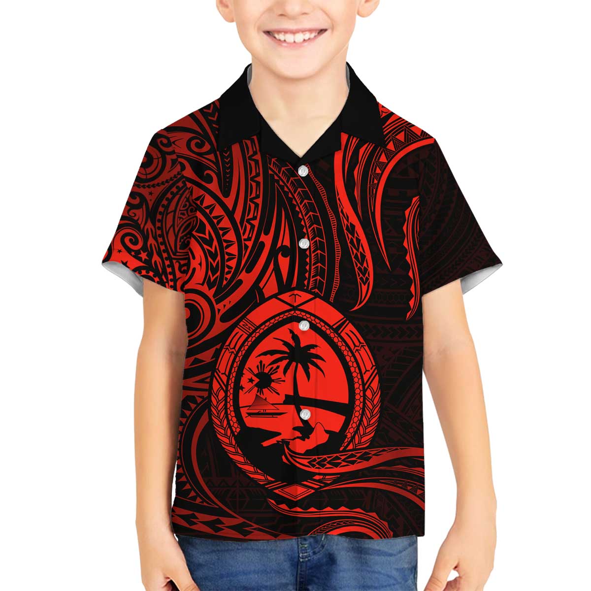 Polynesian Guam Coat of Arms Family Matching Off Shoulder Short Dress and Hawaiian Shirt Polynesian Tribal Tattoo Red Version LT9 Son's Shirt Red - Polynesian Pride