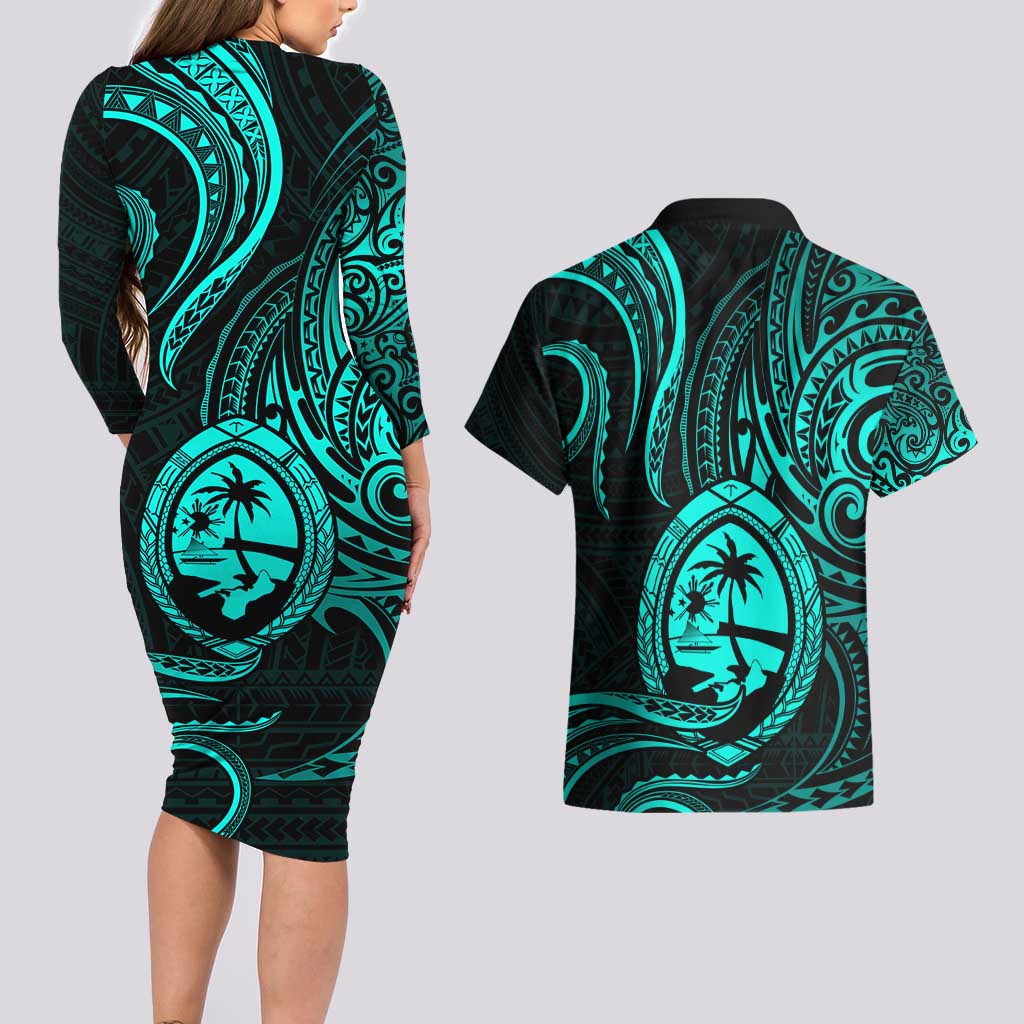 Polynesian Guam Coat of Arms Couples Matching Long Sleeve Bodycon Dress and Hawaiian Shirt Polynesian Tribal Tattoo Turquoise Version LT9 - Polynesian Pride