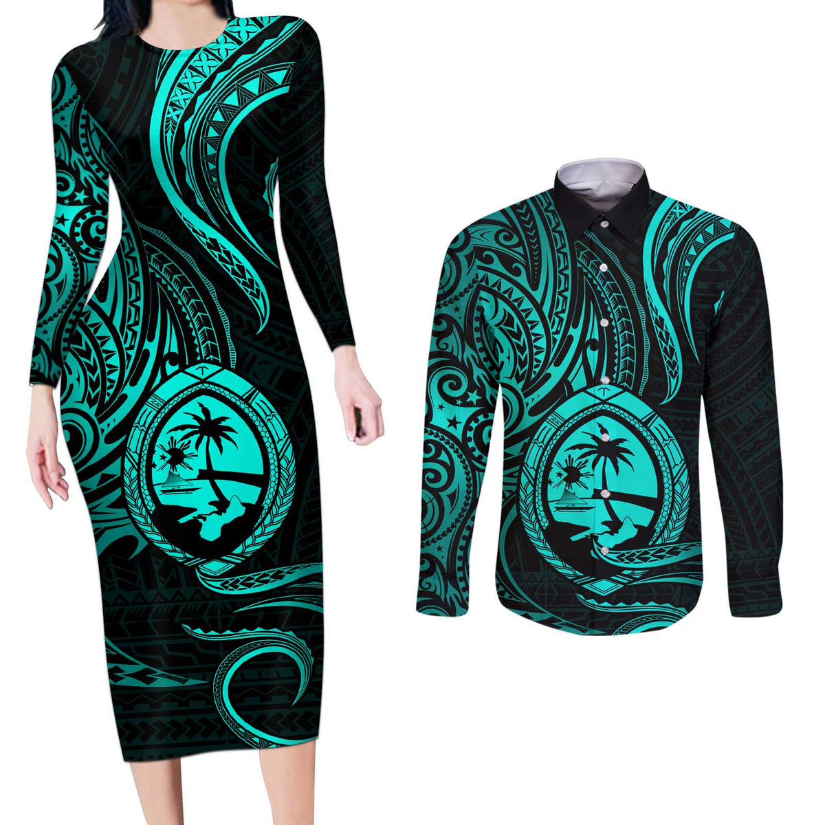 Polynesian Guam Coat of Arms Couples Matching Long Sleeve Bodycon Dress and Long Sleeve Button Shirt Polynesian Tribal Tattoo Turquoise Version LT9 Turquoise - Polynesian Pride