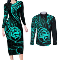 Polynesian Guam Coat of Arms Couples Matching Long Sleeve Bodycon Dress and Long Sleeve Button Shirt Polynesian Tribal Tattoo Turquoise Version LT9 Turquoise - Polynesian Pride