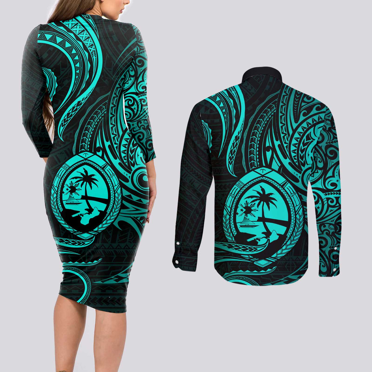 Polynesian Guam Coat of Arms Couples Matching Long Sleeve Bodycon Dress and Long Sleeve Button Shirt Polynesian Tribal Tattoo Turquoise Version LT9 - Polynesian Pride