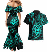 Polynesian Guam Coat of Arms Couples Matching Mermaid Dress and Hawaiian Shirt Polynesian Tribal Tattoo Turquoise Version LT9 - Polynesian Pride