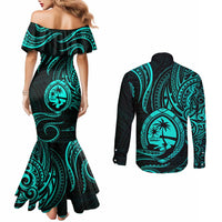Polynesian Guam Coat of Arms Couples Matching Mermaid Dress and Long Sleeve Button Shirt Polynesian Tribal Tattoo Turquoise Version LT9 - Polynesian Pride