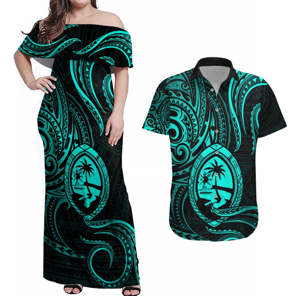 Polynesian Guam Coat of Arms Couples Matching Off Shoulder Maxi Dress and Hawaiian Shirt Polynesian Tribal Tattoo Turquoise Version LT9 Turquoise - Polynesian Pride