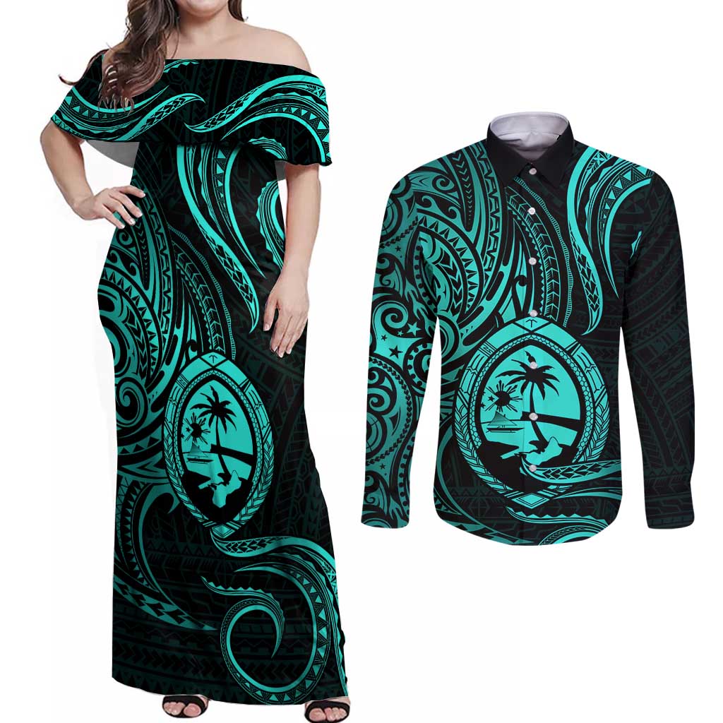 Polynesian Guam Coat of Arms Couples Matching Off Shoulder Maxi Dress and Long Sleeve Button Shirt Polynesian Tribal Tattoo Turquoise Version LT9 Turquoise - Polynesian Pride