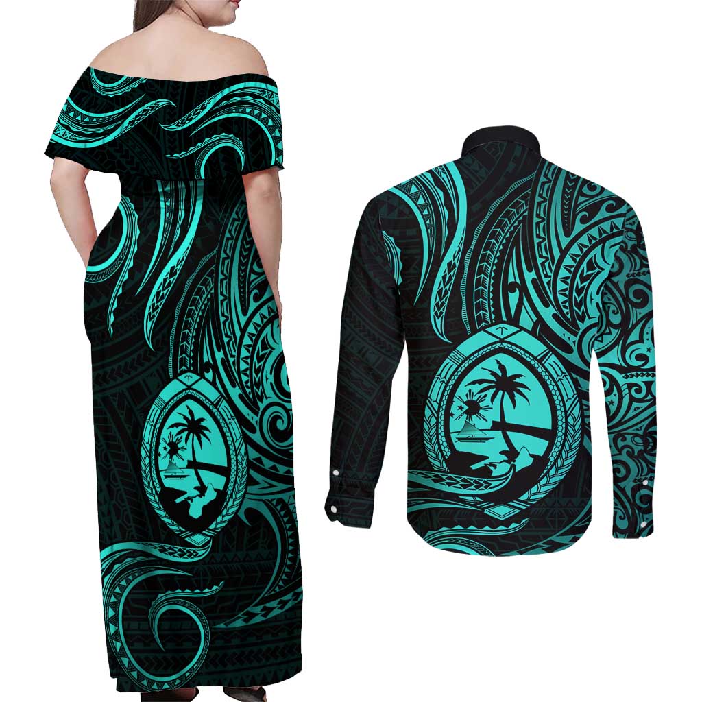 Polynesian Guam Coat of Arms Couples Matching Off Shoulder Maxi Dress and Long Sleeve Button Shirt Polynesian Tribal Tattoo Turquoise Version LT9 - Polynesian Pride