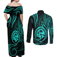 Polynesian Guam Coat of Arms Couples Matching Off Shoulder Maxi Dress and Long Sleeve Button Shirt Polynesian Tribal Tattoo Turquoise Version LT9 - Polynesian Pride