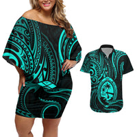 Polynesian Guam Coat of Arms Couples Matching Off Shoulder Short Dress and Hawaiian Shirt Polynesian Tribal Tattoo Turquoise Version LT9 Turquoise - Polynesian Pride
