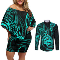 Polynesian Guam Coat of Arms Couples Matching Off Shoulder Short Dress and Long Sleeve Button Shirt Polynesian Tribal Tattoo Turquoise Version LT9 Turquoise - Polynesian Pride