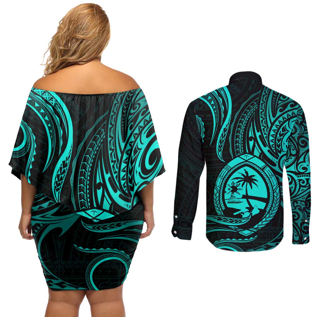 Polynesian Guam Coat of Arms Couples Matching Off Shoulder Short Dress and Long Sleeve Button Shirt Polynesian Tribal Tattoo Turquoise Version LT9 - Polynesian Pride