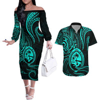 Polynesian Guam Coat of Arms Couples Matching Off The Shoulder Long Sleeve Dress and Hawaiian Shirt Polynesian Tribal Tattoo Turquoise Version LT9 Turquoise - Polynesian Pride