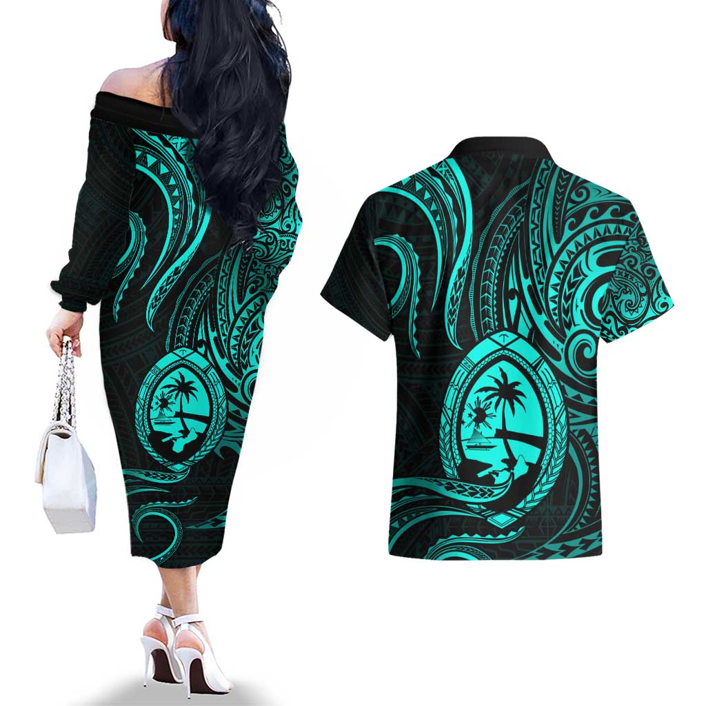Polynesian Guam Coat of Arms Couples Matching Off The Shoulder Long Sleeve Dress and Hawaiian Shirt Polynesian Tribal Tattoo Turquoise Version LT9 - Polynesian Pride