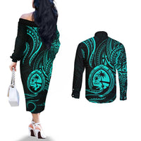 Polynesian Guam Coat of Arms Couples Matching Off The Shoulder Long Sleeve Dress and Long Sleeve Button Shirt Polynesian Tribal Tattoo Turquoise Version LT9 - Polynesian Pride