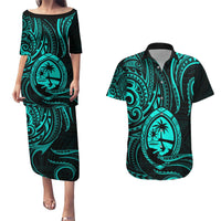 Polynesian Guam Coat of Arms Couples Matching Puletasi and Hawaiian Shirt Polynesian Tribal Tattoo Turquoise Version LT9 Turquoise - Polynesian Pride